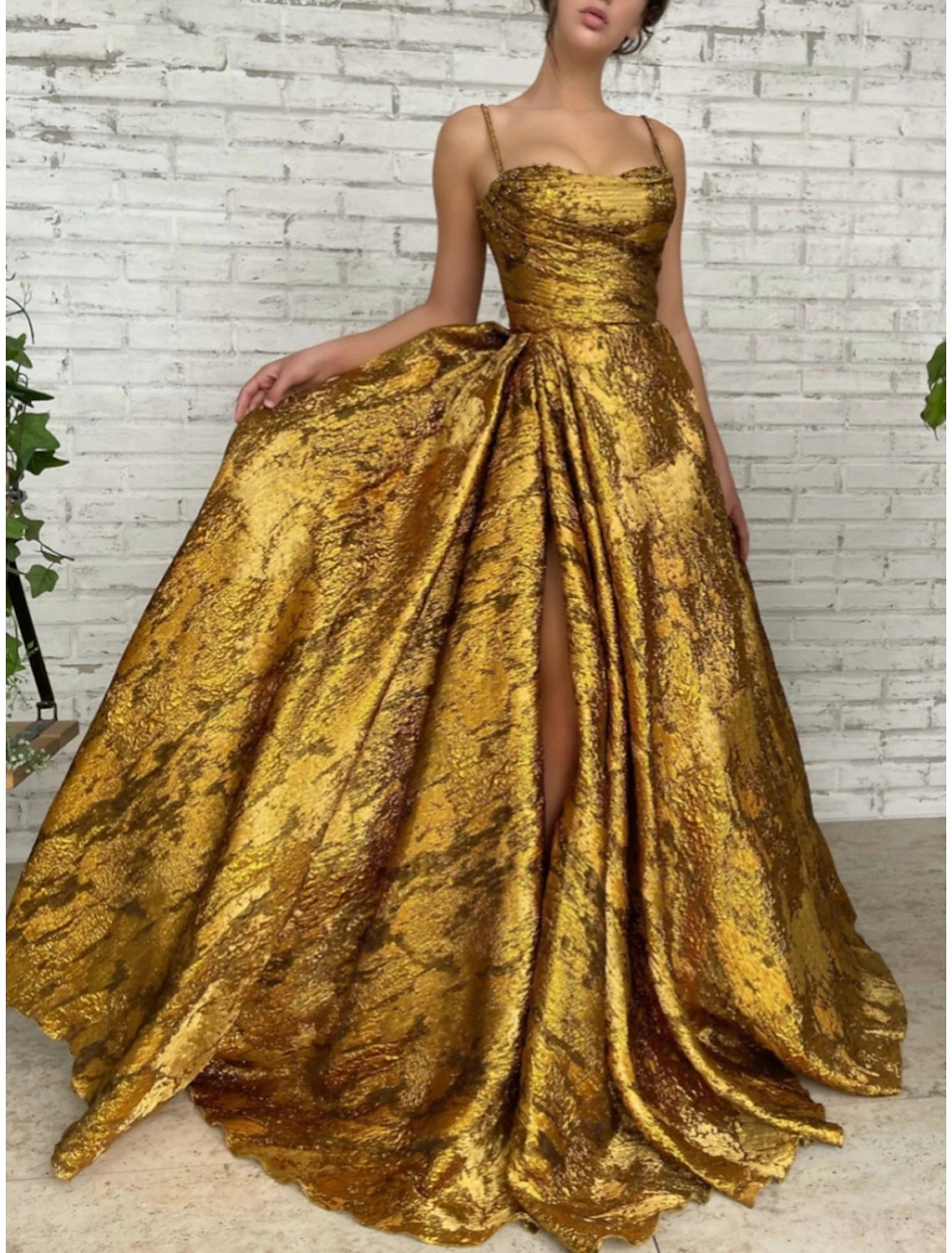 A-Line Evening Gown High Split Dress Formal Christmas Court Train Sleeveless Spaghetti Strap Sequined with Glitter Pleats Ruched 2025